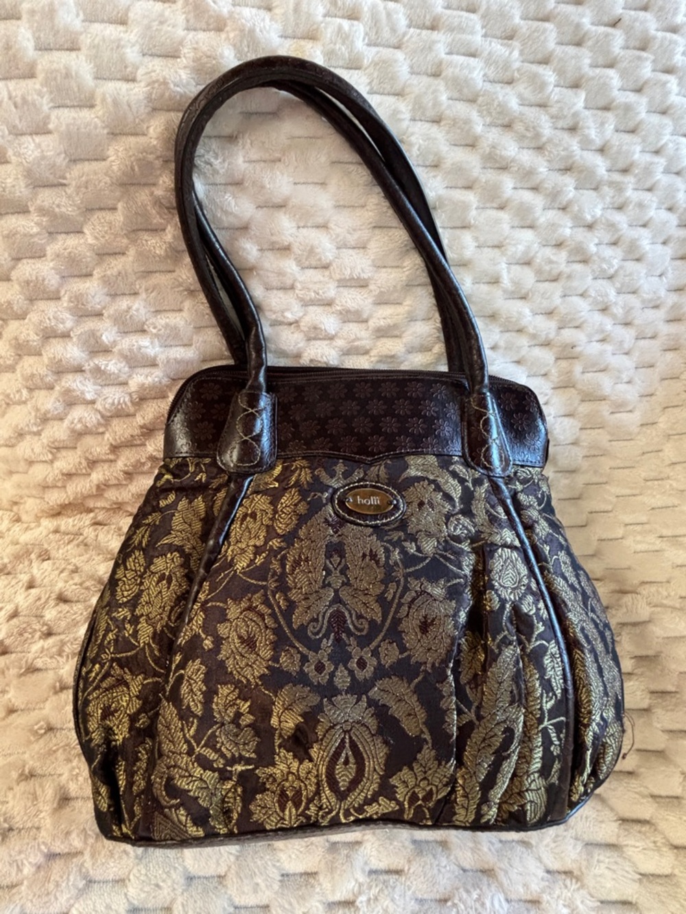 Holii Brown Brocade Embossed Leather Shoulder Bag Gold Floral